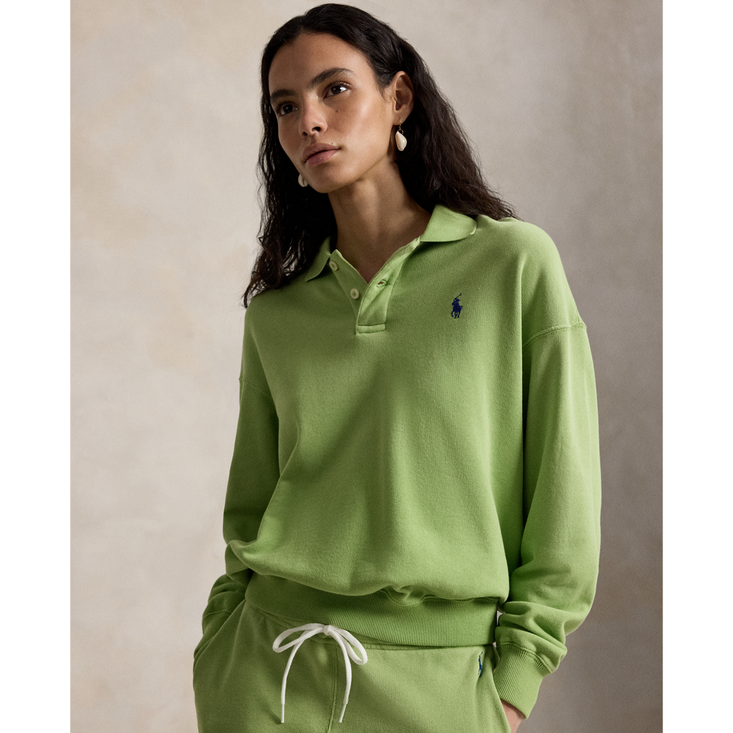 Женское поло Ralph Lauren Lightweight Fleece Long-Sleeve Polo, цвет: Зелёный — фото 4