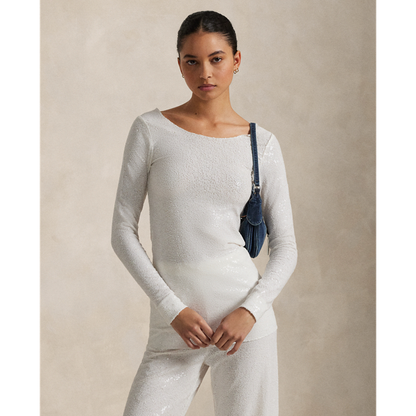 White Sequin Paillettenbesetztes Hemd aus Piqué Polo Ralph Lauren 1