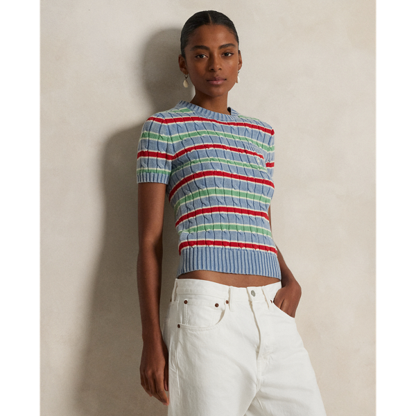 Channel Blue Multi Striped Cable-Knit Short-Sleeve Jumper Polo Ralph Lauren 1