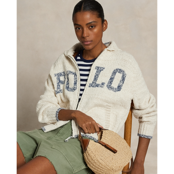 Cream/Blue Multi Cardigan zippé à col châle et logo Polo Ralph Lauren 1