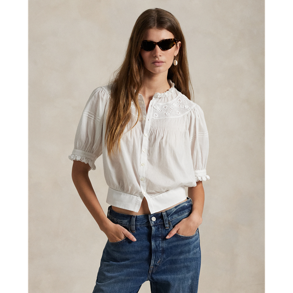 White Lace-Trim Cotton Voile Top Polo Ralph Lauren 1