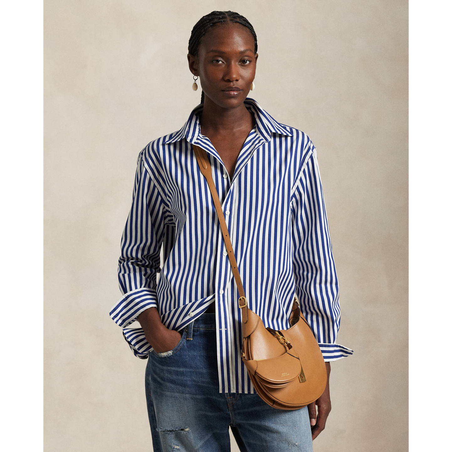 Женская рубашка Ralph Lauren Oversize Fit Striped Cotton, цвет: Королевский синий / Белый — фото 4