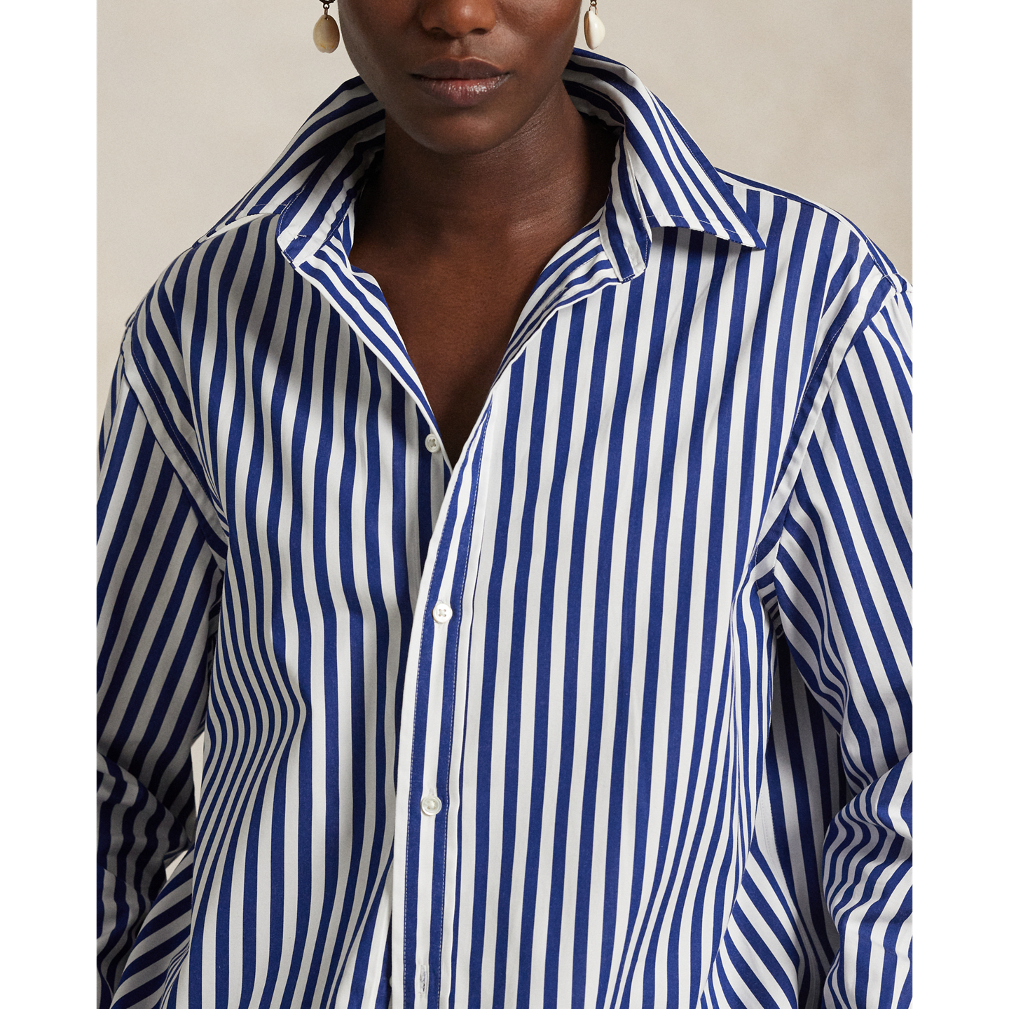 Женская рубашка Ralph Lauren Oversize Fit Striped Cotton, цвет: Королевский синий / Белый — фото 3