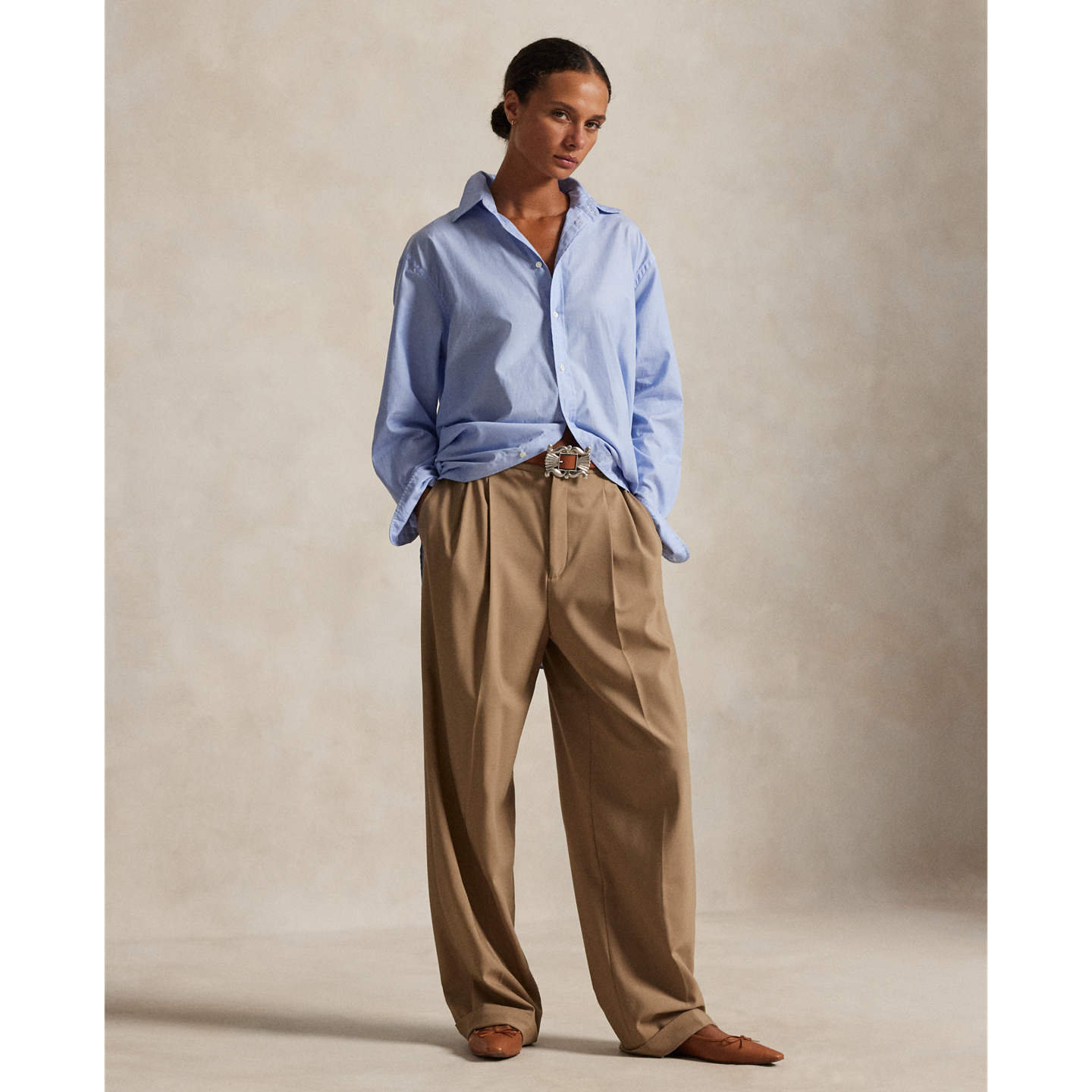 Женская рубашка Ralph Lauren End-On-End Oversize Fit Cotton, цвет: Средний синий — фото 1