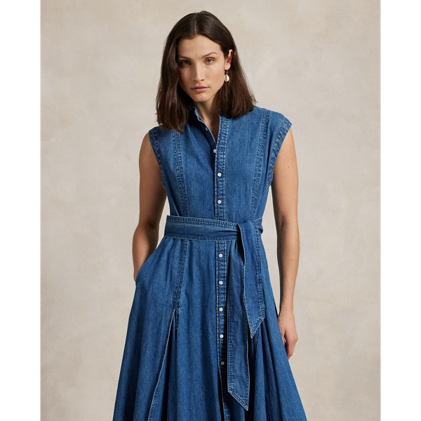 Ralph Lauren★Belted Denim Sleeveless A-Line Dress Belted Denim Sleeveless A-Line Dress