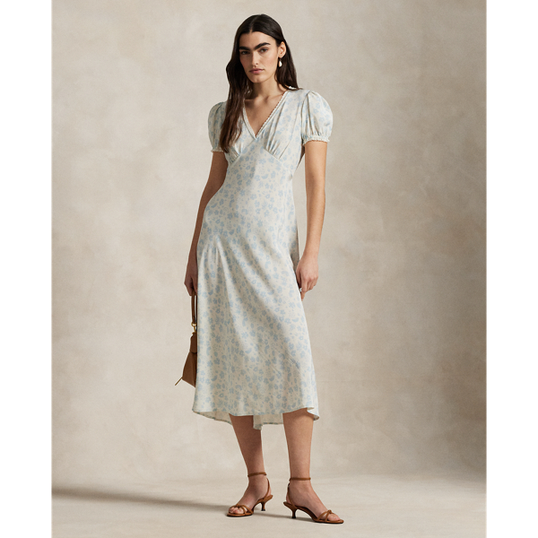Summer Daisy White Blue Geblümtes Kleid aus Seidencrêpe Polo Ralph Lauren 1