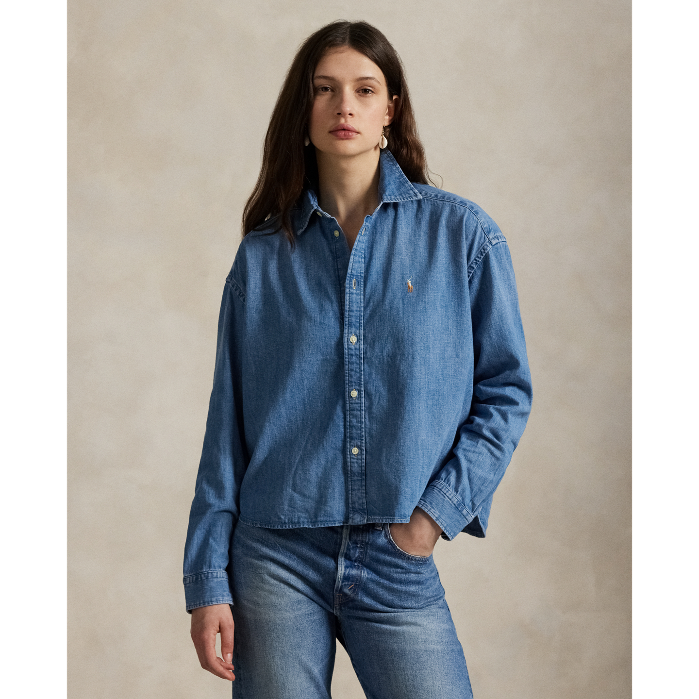 Женская рубашка Ralph Lauren Cropped Boxy Denim, цвет: Варёный — фото 4