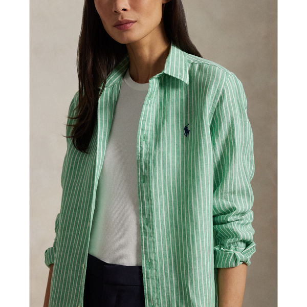 売れ筋商品|||ラルフローレン カットソー トップス レディース Women's Classic-Fit Striped Linen Shirt Cafe Tan/White Classic Fit Striped Linen Shirt