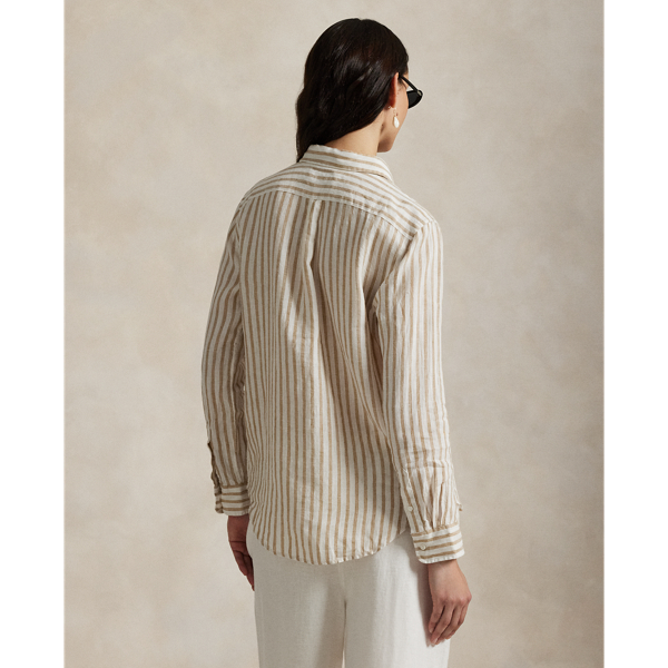 売れ筋商品|||ラルフローレン カットソー トップス レディース Women's Classic-Fit Striped Linen Shirt Cafe Tan/White Classic Fit Striped Linen Shirt