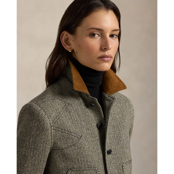 Suede-Trim Herringbone Jacket