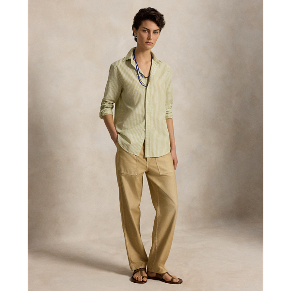 Light Olive White Classic Fit Striped Cotton-Linen Shirt Polo Ralph Lauren 4
