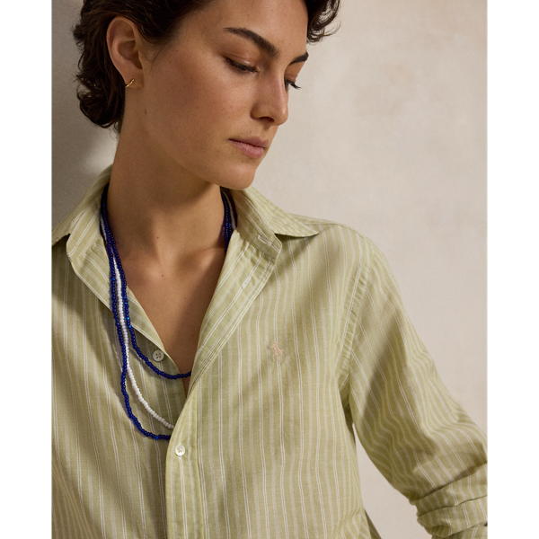 Light Olive White Classic Fit Striped Cotton-Linen Shirt Polo Ralph Lauren 6