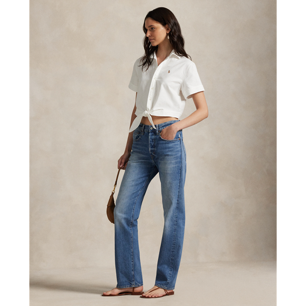Cotton Oxford Tie-Front Cropped Shirt