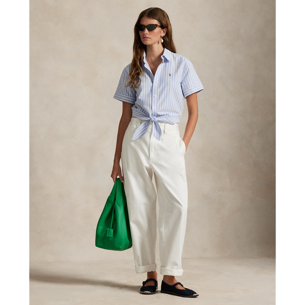 売れ筋商品|||ラルフローレン シャツ レディース トップス COTTON OXFORD TIE FRONT CROPPED SHIRT - Button-down blouse - harbor  blue/white Striped Oxford Tie-Front Cropped Shirt