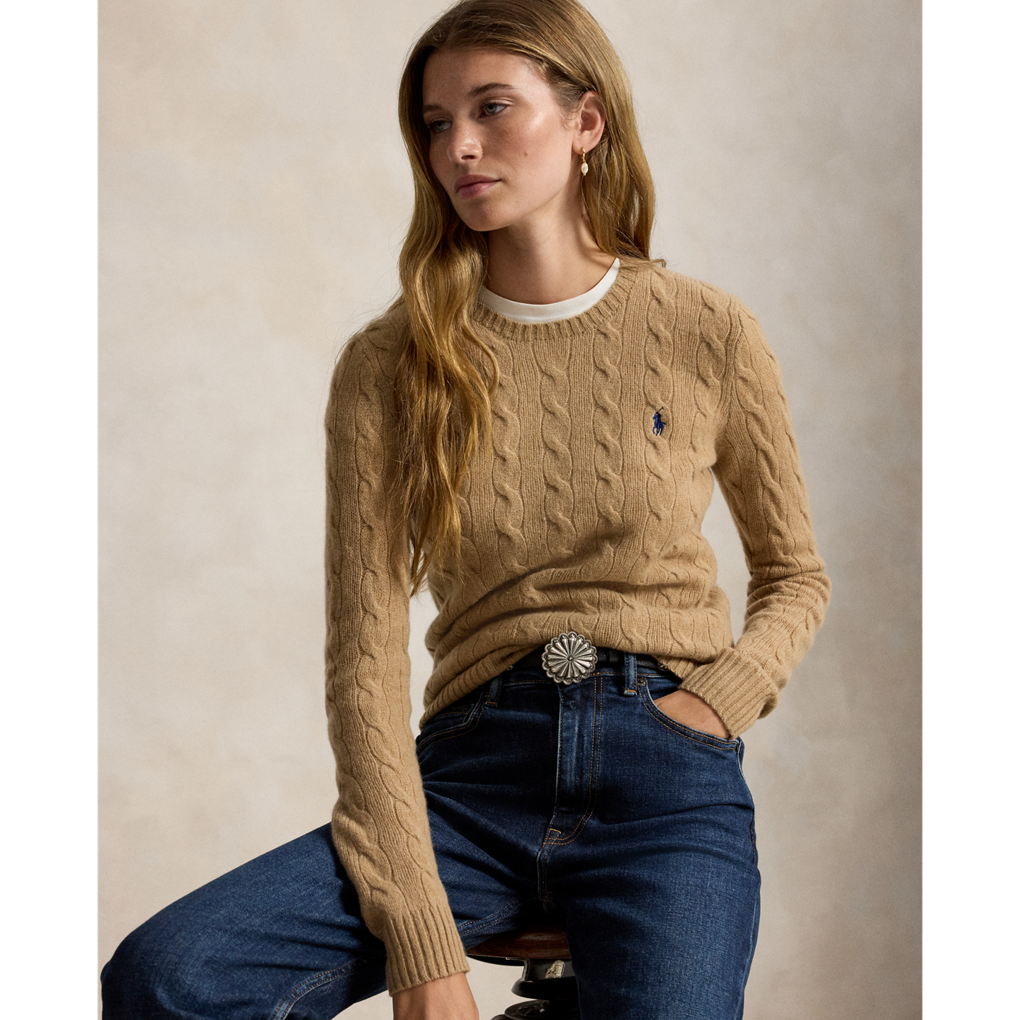 Женский свитер Ralph Lauren Cable-Knit Wool-Cashmere, цвет: Верблюжий меланжевый — фото 4