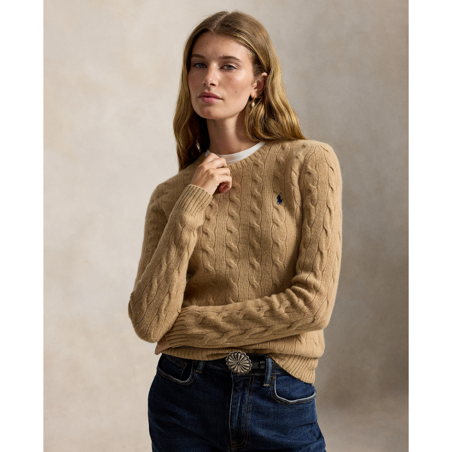Женский свитер Ralph Lauren Cable-Knit Wool-Cashmere, цвет: Верблюжий меланжевый — фото 3
