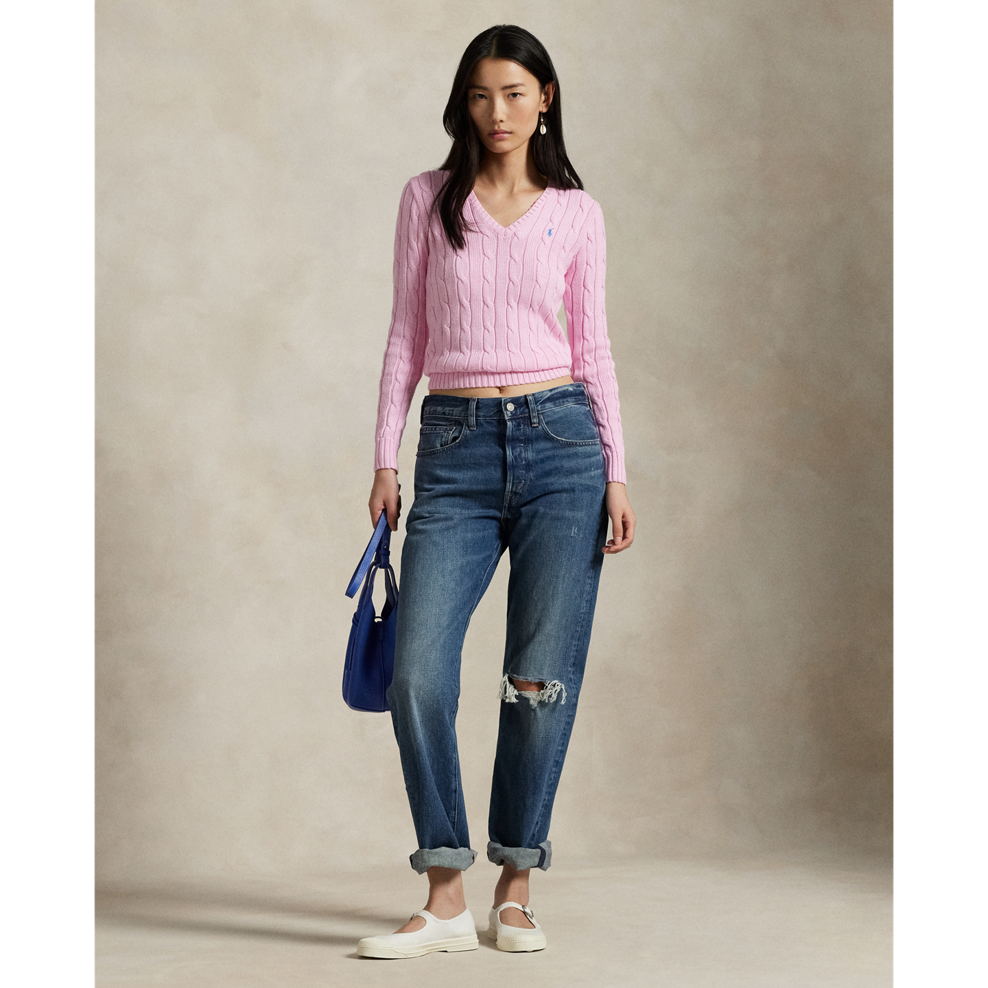 Свитер Ralph Lauren Cable-Knit Cotton V-Neck, цвет: Розовый — фото 1