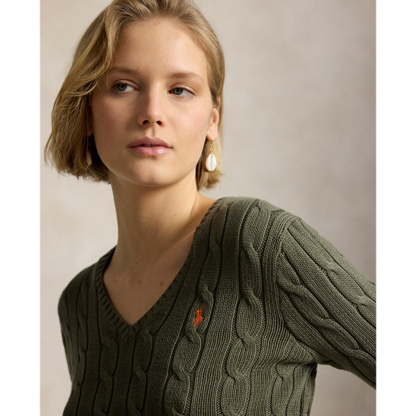 Dense Olive Cable-Knit Cotton V-Neck Jumper Polo Ralph Lauren 6