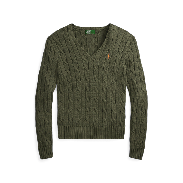 Dense Olive Cable-Knit Cotton V-Neck Jumper Polo Ralph Lauren 2
