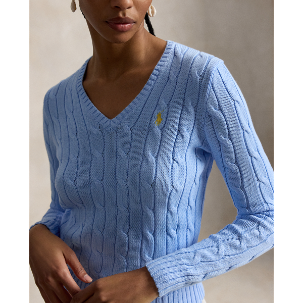 Maglia in cotone a trecce con scollo a V Polo Ralph Lauren in Blu baby 6