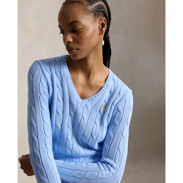 Maglia in cotone a trecce con scollo a V Polo Ralph Lauren in Blu baby 7
