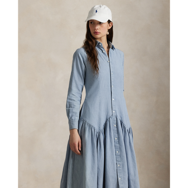 【POLO RALPH LAUREN】パネル コットン シャンブレー ドレス コットン シャンブレー ベルテッド シャツドレス