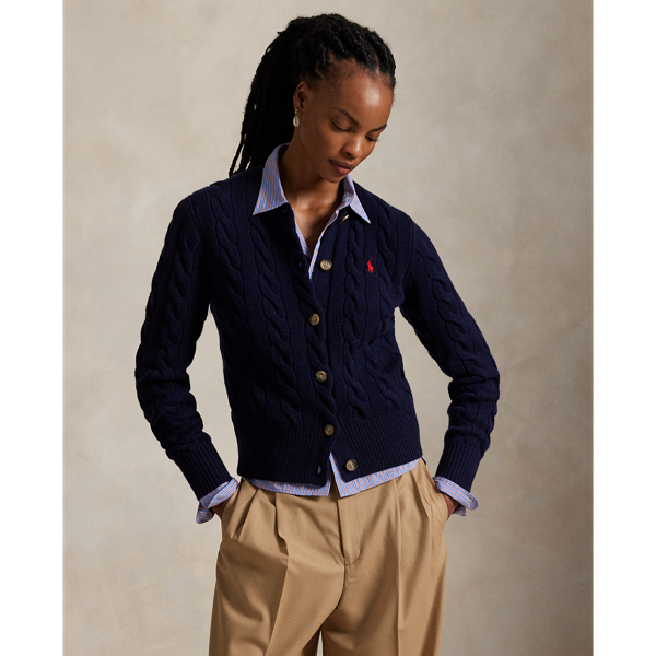Hunter Navy Cable-Knit Wool-Cashmere Cardigan Polo Ralph Lauren 7