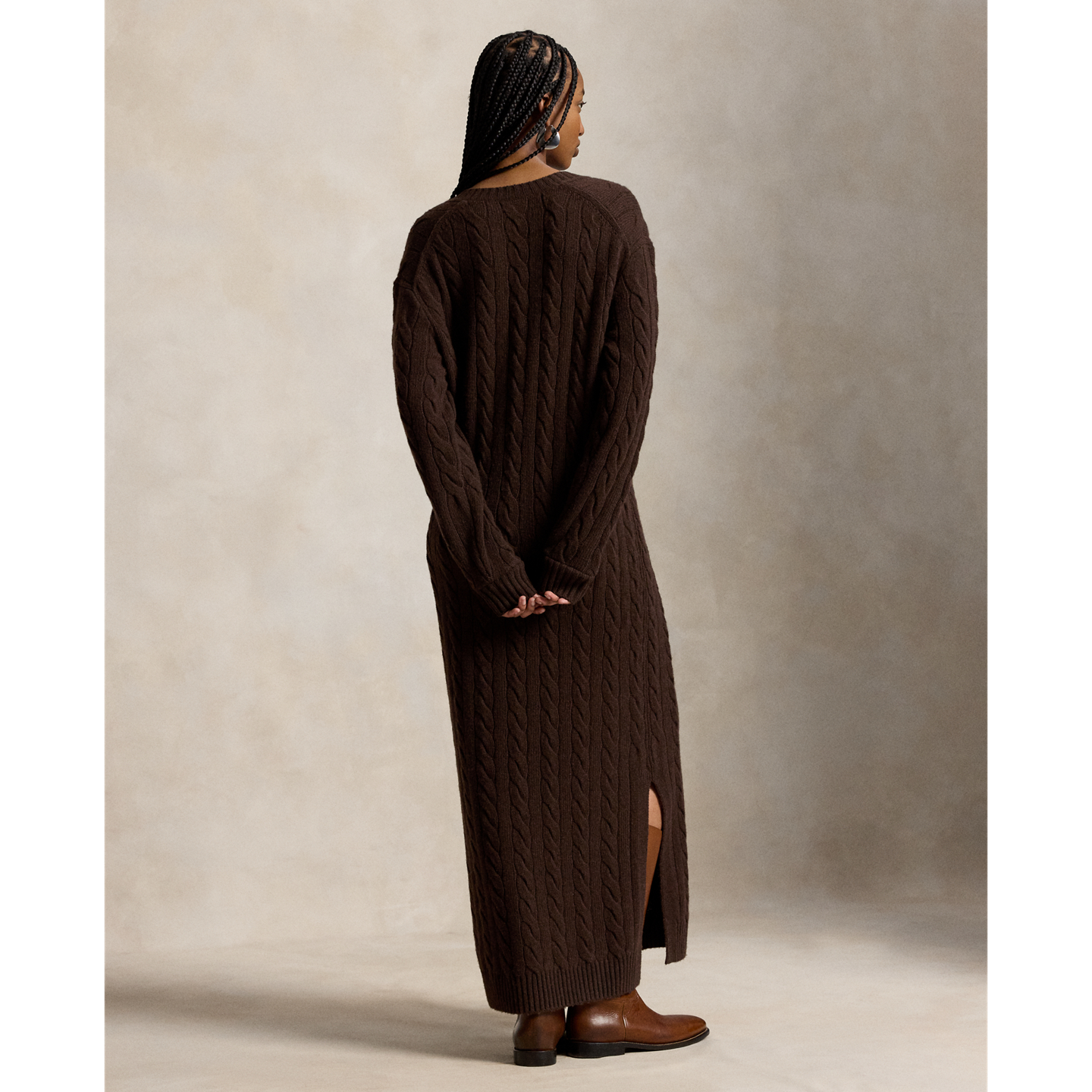 Женское платье Ralph Lauren Cable-Knit V-Neck Sweater Dress, цвет: Кедровый меланжевый — фото 2
