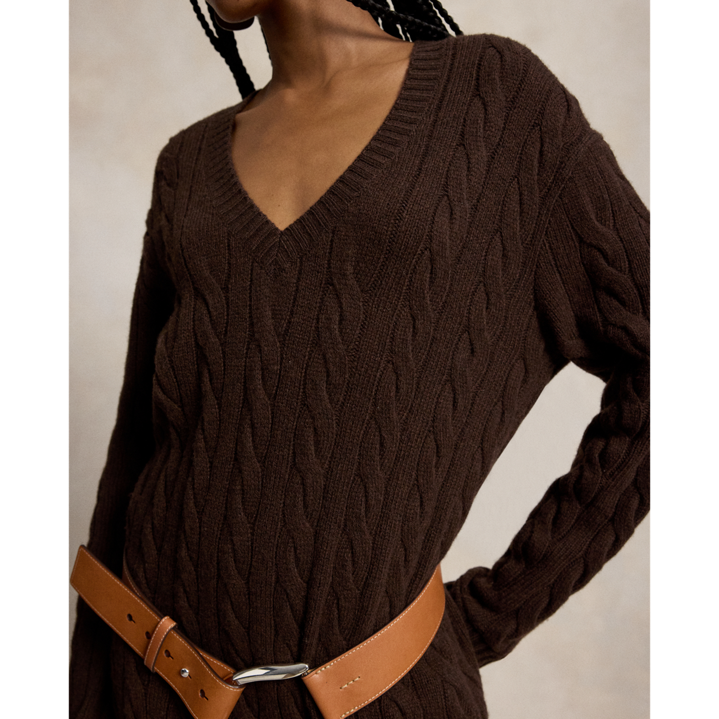 Женское платье Ralph Lauren Cable-Knit V-Neck Sweater Dress, цвет: Кедровый меланжевый — фото 3
