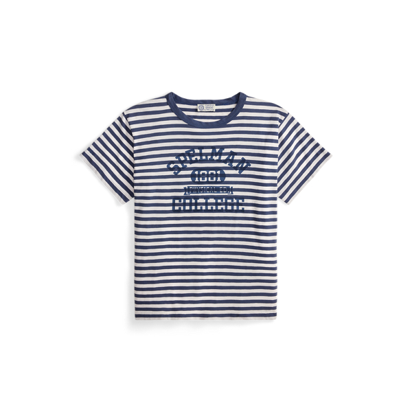 A striped t-shirt featuring the text 'SPELMAN 1867 COLLEGE' in a bold navy font.