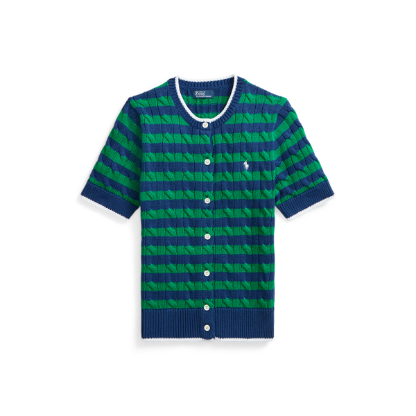 Striped Cable-Knit Short-Sleeve Cardigan