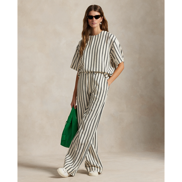 売れ筋商品|||ラルフローレン シャツ レディース トップス STRIPED SILK BLEND SHORT SLEEVE SHIRT - Blouse - white/black Striped Silk-Blend Short-Sleeve Top