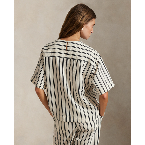 売れ筋商品|||ラルフローレン シャツ レディース トップス STRIPED SILK BLEND SHORT SLEEVE SHIRT - Blouse - white/black Striped Silk-Blend Short-Sleeve Top