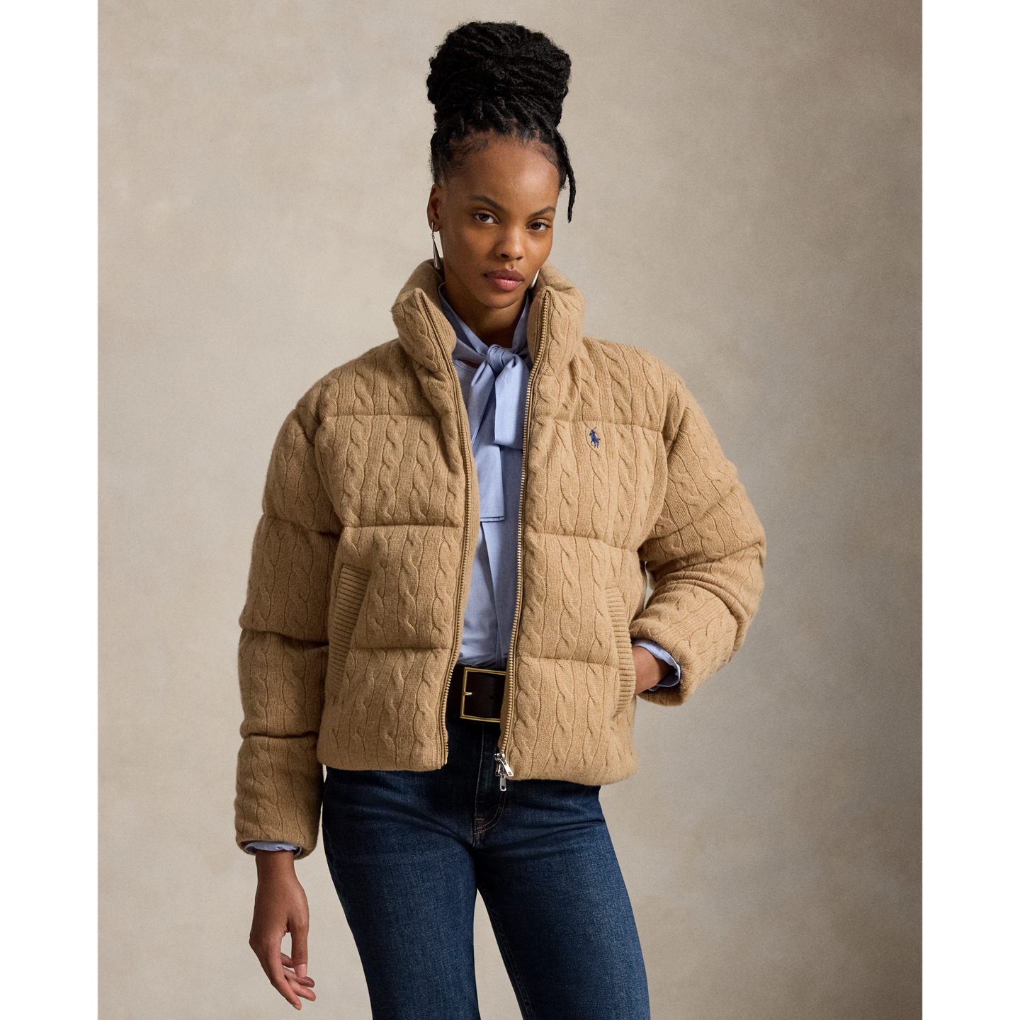 Женская куртка Ralph Lauren Cable Wool-Cashmere Puffer, цвет: Верблюжий меланжевый — фото 4