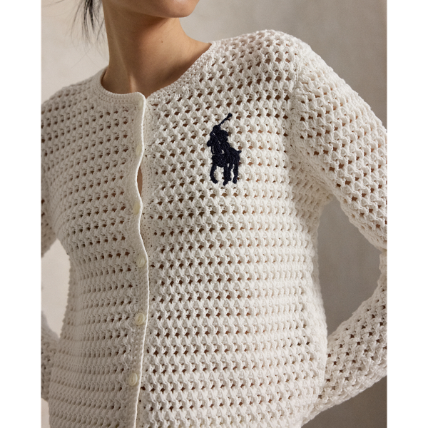 White Big Pony Crocheted Cotton Cardigan Polo Ralph Lauren 6