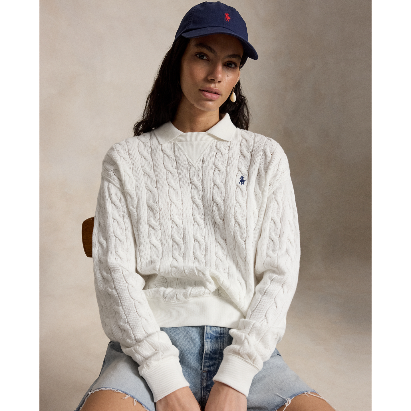 Женский свитер Ralph Lauren Cable-Knit Cotton Polo-Collar, цвет: Белый — фото 5