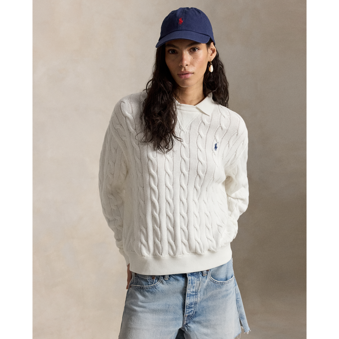 Женский свитер Ralph Lauren Cable-Knit Cotton Polo-Collar, цвет: Белый — фото 4