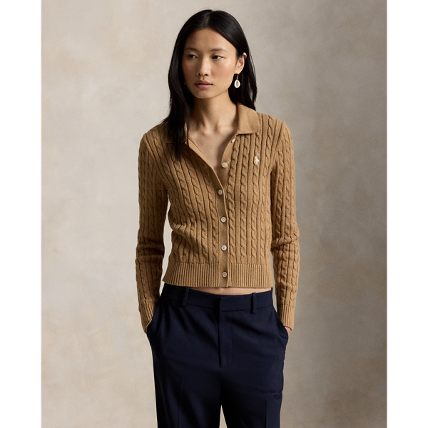 Polo-Baumwollstrickjacke mit Zopfmuster