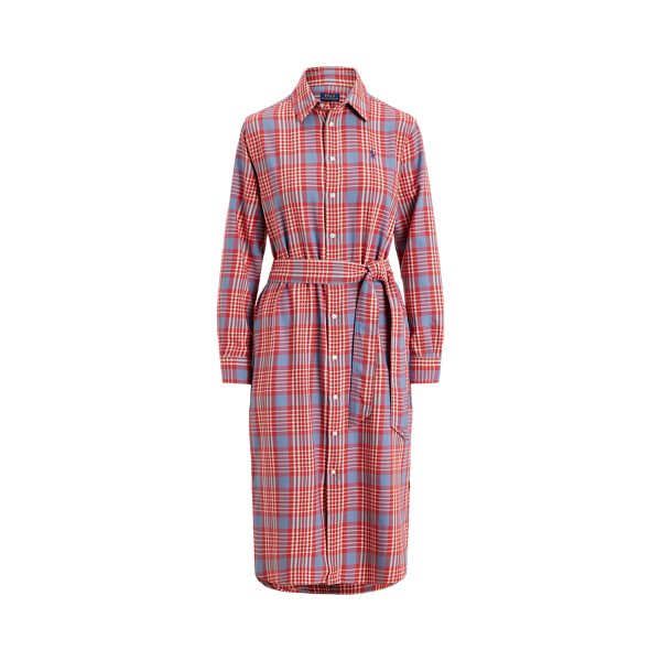 Plaid Cotton Twill Belted Shirtdress