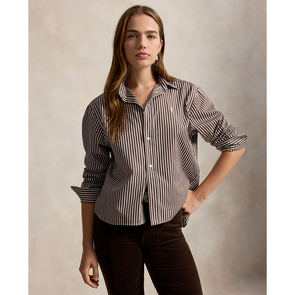 Cropped boxy fit katoenen overhemd Polo Ralph Lauren in Bruin/wit 1