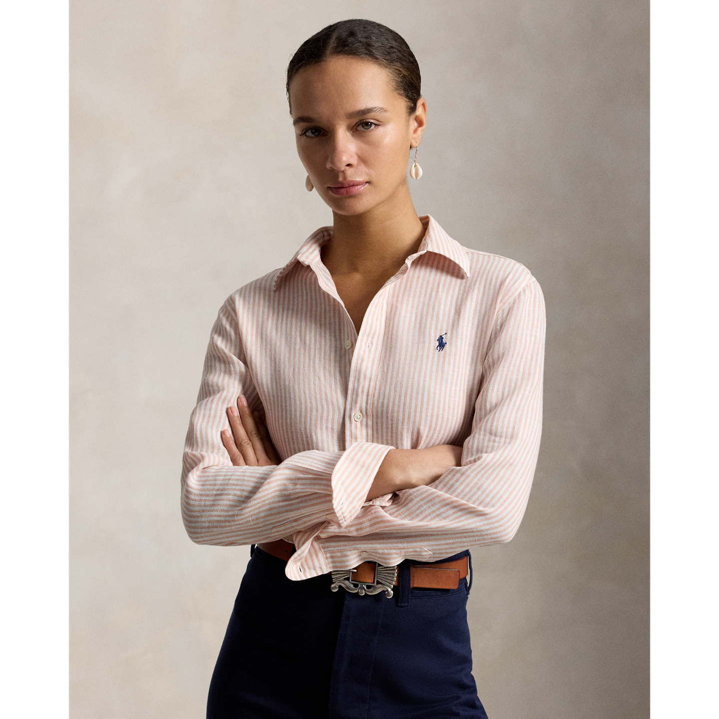 Женская рубашка Polo Ralph Lauren Classic Fit Striped Linen, цвет: Розовато-лиловый / Белый, вариант 1 — фото 4