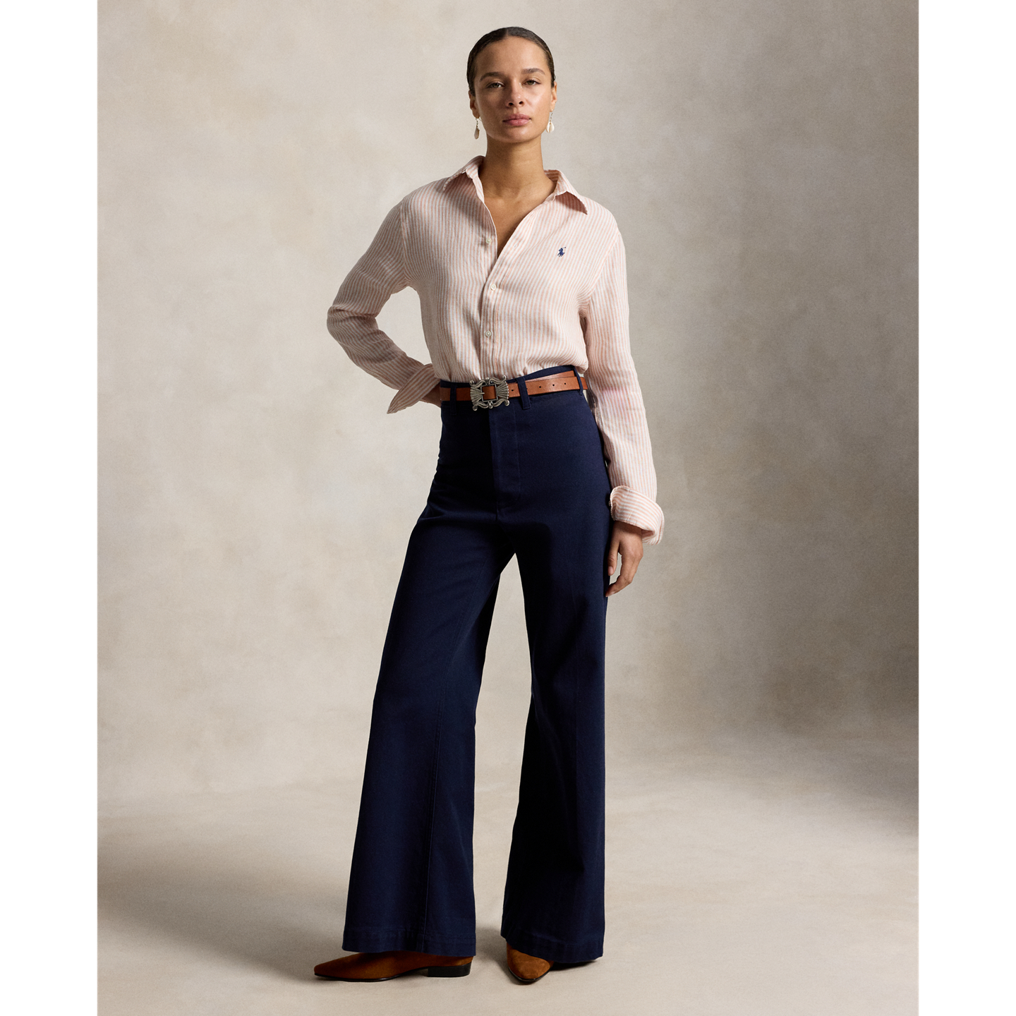 Женская рубашка Polo Ralph Lauren Classic Fit Striped Linen, цвет: Розовато-лиловый / Белый, вариант 1 — фото 1