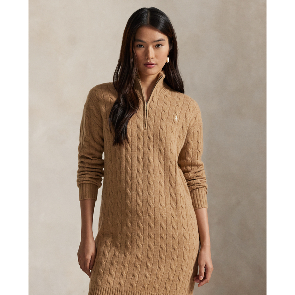 Collection Camel Melange Cable Quarter-Zip Wool-Cashmere Dress Polo Ralph Lauren 3