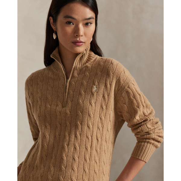 Collection Camel Melange Cable Quarter-Zip Wool-Cashmere Dress Polo Ralph Lauren 5