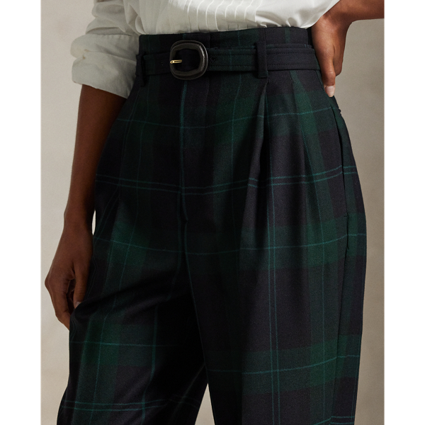 Belted Plaid Wool Pleated Tapered Pant
