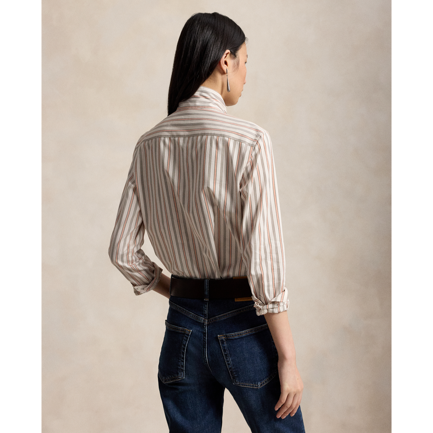 Женская рубашка Ralph Lauren Slim Fit Striped Cotton Tie-Neck, цвет: Кремовый / Красный — фото 2