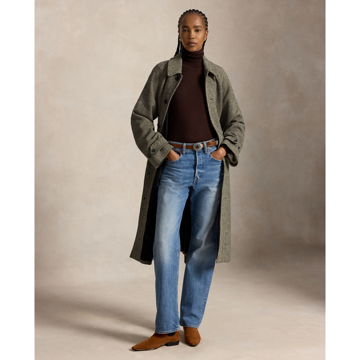 Женское пальто Ralph Lauren Wool-Blend Herringbone Balmacaan, цвет: Чёрный / Кремовый — фото 5