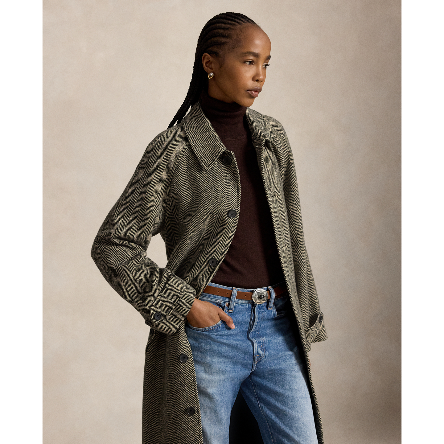 Женское пальто Ralph Lauren Wool-Blend Herringbone Balmacaan, цвет: Чёрный / Кремовый — фото 1