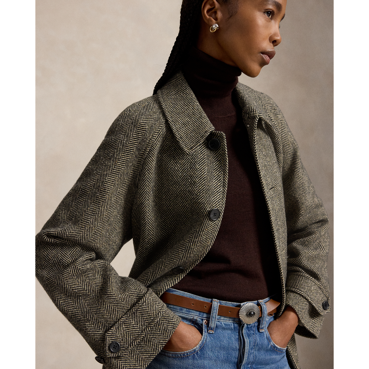Женское пальто Ralph Lauren Wool-Blend Herringbone Balmacaan, цвет: Чёрный / Кремовый — фото 3