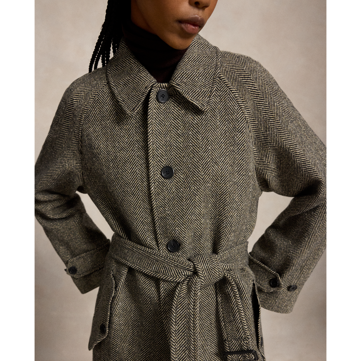Женское пальто Ralph Lauren Wool-Blend Herringbone Balmacaan, цвет: Чёрный / Кремовый — фото 4